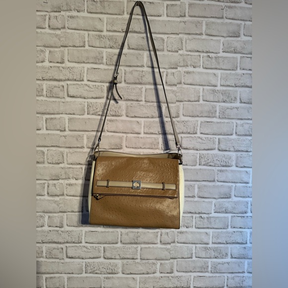 ♠️Kate Spade Houston Street Maria Brown Ivory Foldover Ostrich Shoulder Bag - Picture 5 of 16